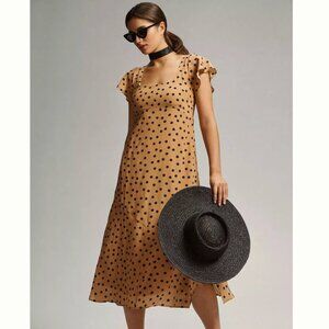 Maeve Anthropologie Silk Scoop-Neck Tan Polka Dot Midi Dress Size 8 / Medium